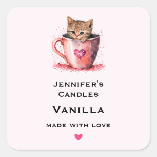 Sticker Carré Cute Kitten dans un Teup avec Heart Candle Craft