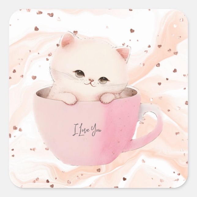 Sticker Carré Cute Kitten dans une Tea up (Devant)