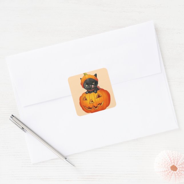 Sticker Carré Cute kitten en Halloween citrouille (Enveloppe)