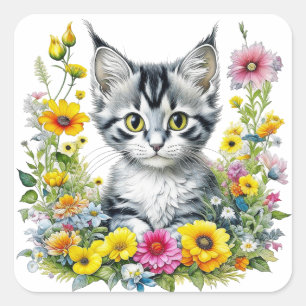 Sticker Carré Cute Kitten Entouré de fleurs