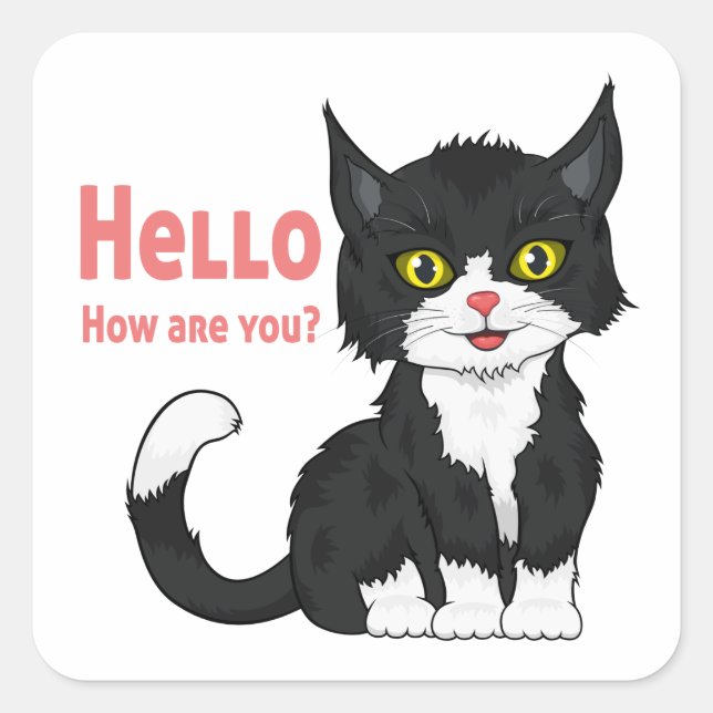 Sticker Carré Cute Kitten Kitty Cartoon noir Chat Bonjour (Devant)
