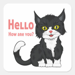 Sticker Carré Cute Kitten Kitty Cartoon noir Chat Bonjour