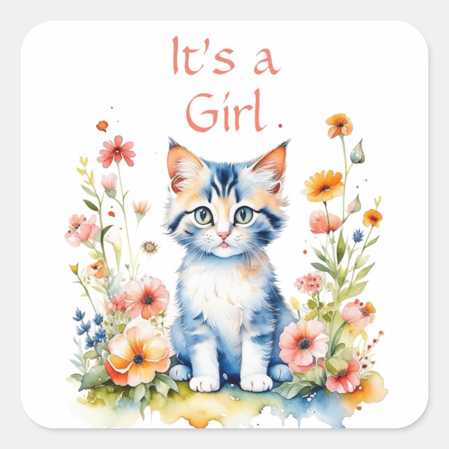 Sticker Carré Cute Kitten Theme C'est un Baby shower de fille (Devant)