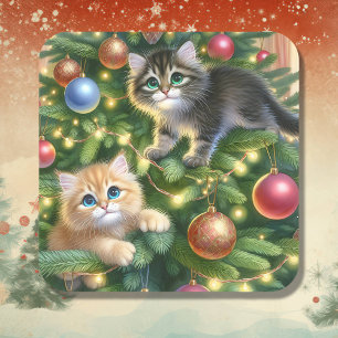 Sticker Carré Cute Kittens dans l'arbre de Noël
