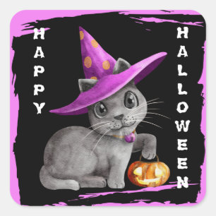 Sticker Carré Cute Kitty Chat Enfants Halloween