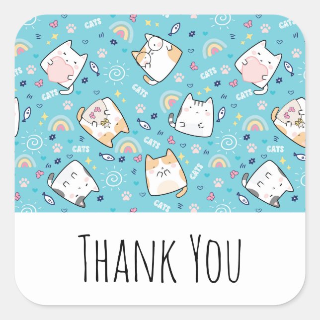 Sticker Carré Cute Kitty Chat Motif Whimsical Merci (Devant)