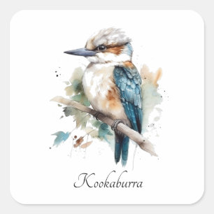 Sticker Carré Cute Kookaburra sur une branche peinte en aquarell