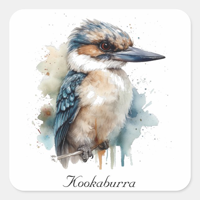 Sticker Carré Cute Kookaburra sur une branche, personnalisé (Devant)