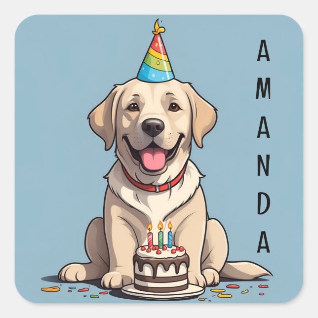Sticker Carré Cute Labrador Jaune avec gâteau d'anniversaire (Devant)