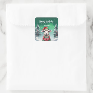 Sticker Carré Cute Lama mouton Noël arbre d'anniversaire fille f