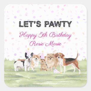 Sticker Carré Cute Let's Pawty Rose Custom Chig fête d'anniversa
