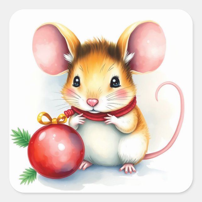 Sticker Carré Cute Little Festive Souris de Noël avec ornement (Devant)