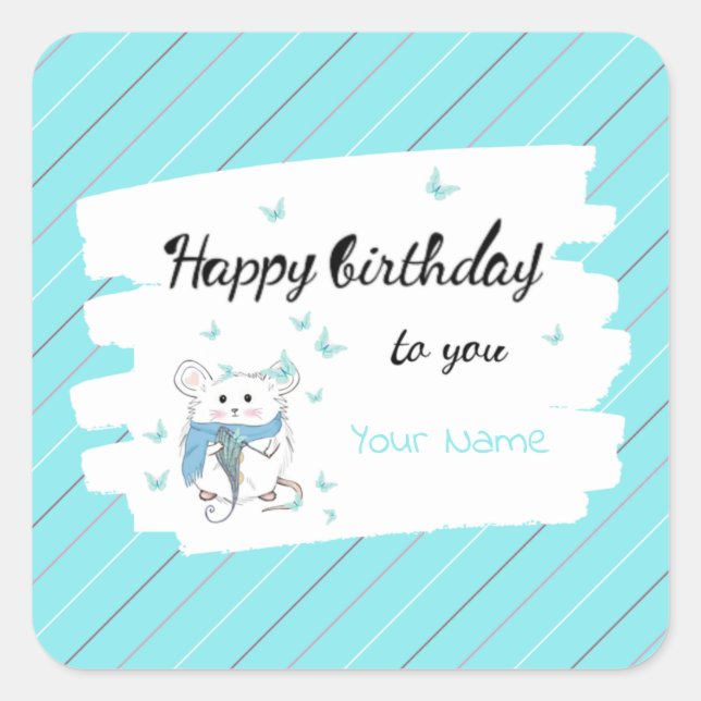 Sticker Carré Cute Little Hamster Blue Joyeux anniversaire (Devant)