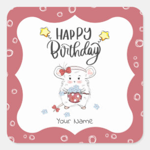 Sticker Carré Cute Little Hamster Personnalisé Joyeux Anniversa