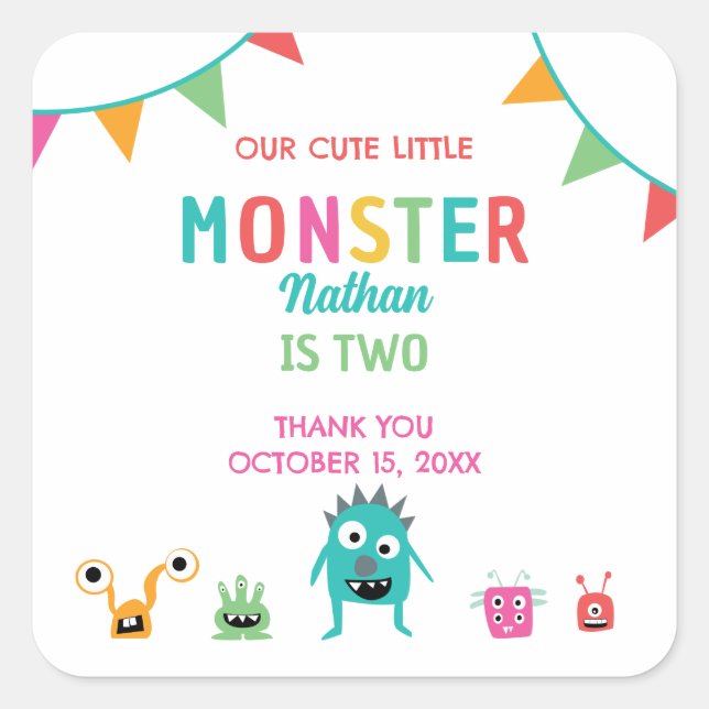 Sticker Carré Cute Little Monster Anniversaire Fête Merci (Devant)