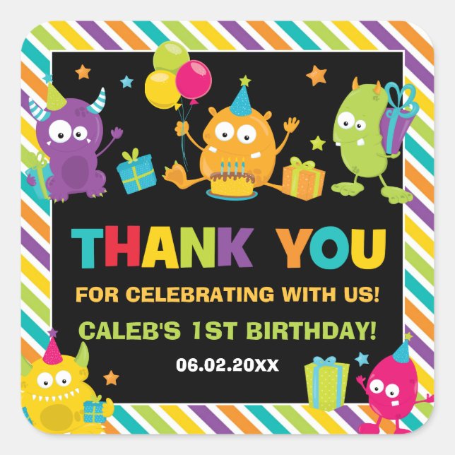 Sticker Carré Cute Little Monsters Anniversaire Merci Favoriser (Devant)