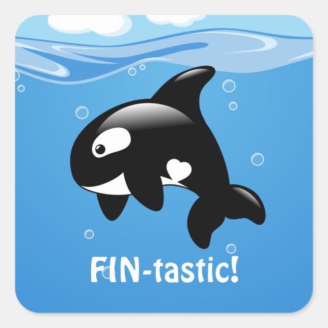 Sticker Carré Cute Little Orca Whale FIN-tastic (Fantastique) (Devant)