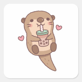 Sticker Carré Cute Little Otter Aime Le Thé Bubble