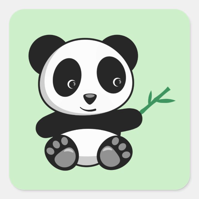 Sticker Carré Cute Little Panda avec Bâton en Bambou vert (Devant)