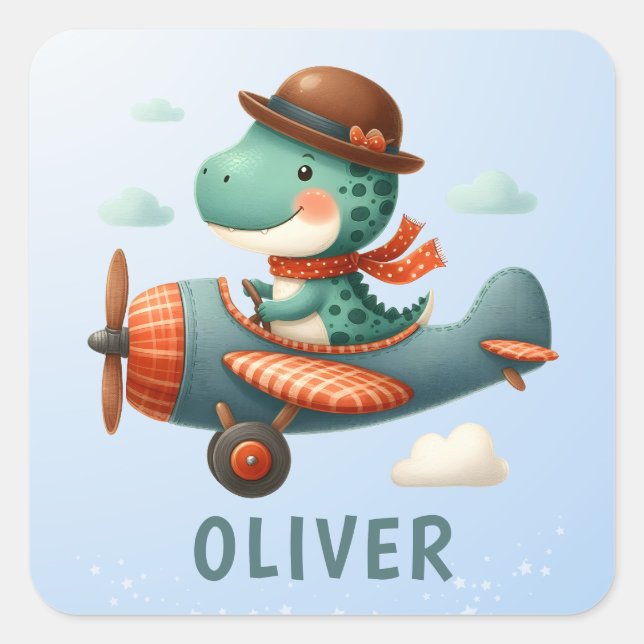 Sticker Carré Cute Little Trex Dinosaur avion volant (Devant)