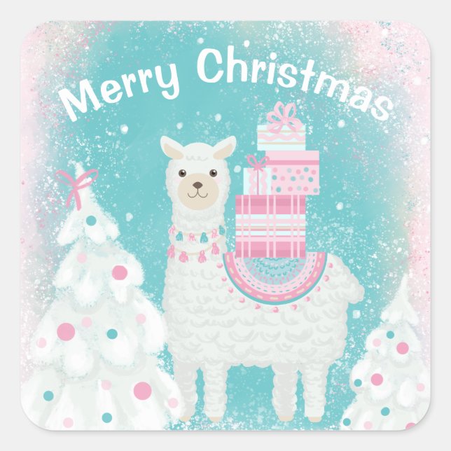 Sticker Carré Cute Llama avec cadeaux de Noël (Devant)