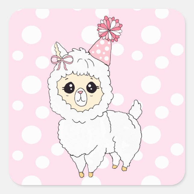 Sticker Carré Cute Llama avec Casquette d'anniversaire (Devant)