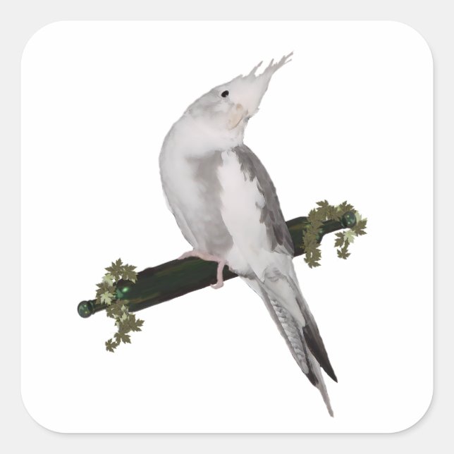 Sticker Carré Cute Lutino Cockatiel Bird Ivy Perch Animal (Devant)