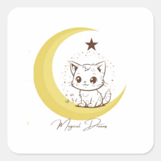 Sticker Carré Cute Magical Cat on Moon Starry Dreams - Round Cla