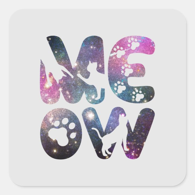 Sticker Carré Cute Meow Chat Silhouettes et Empreintes de pattes (Devant)
