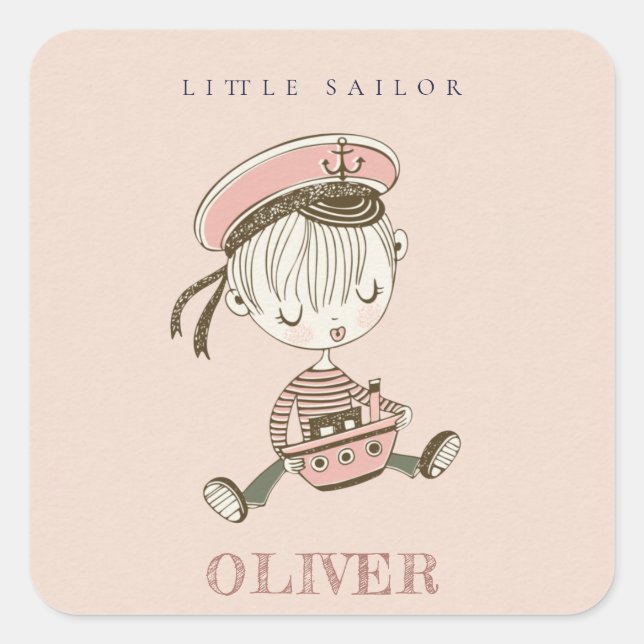 Sticker Carré Cute Moderne Blush Rose Girl Petit marin Nautique (Devant)