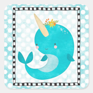 Sticker Carré Cute Narwhal - Turquoise Aqua Whale