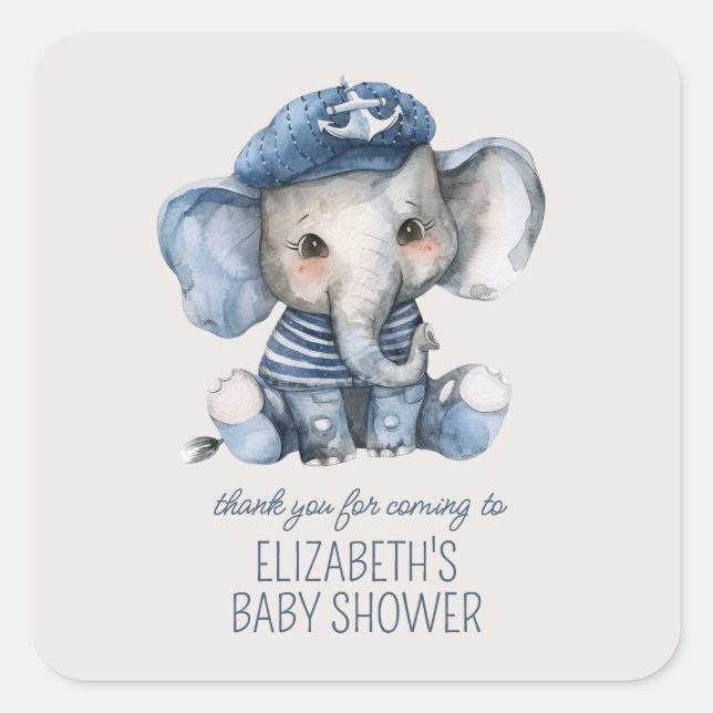Sticker Carré Cute Nautical Blue Baby Elephant Baby Shower (Devant)