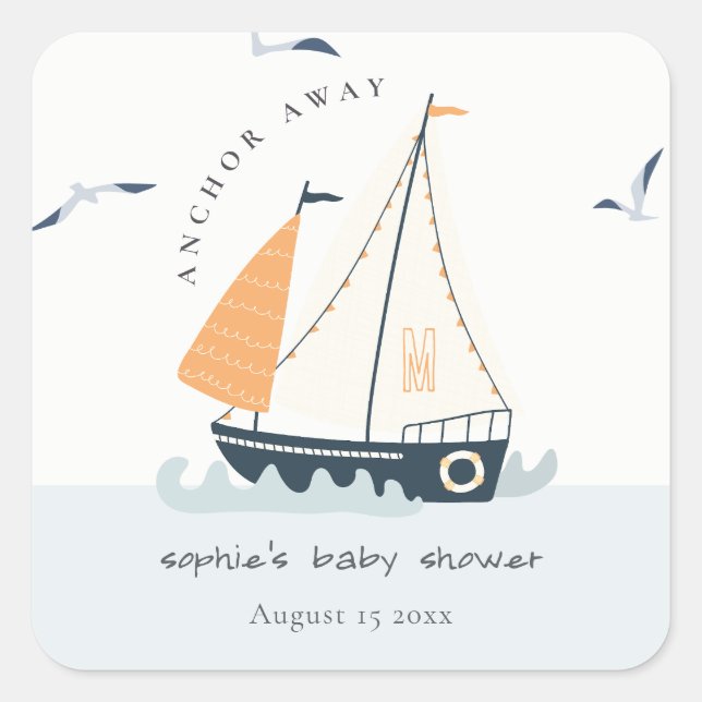 Sticker Carré Cute Nautical Blue Sailboat Baby shower Pastel (Devant)
