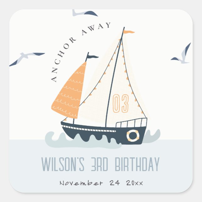 Sticker Carré Cute Nautical Blue Sailboat Pastel Anniversaire de (Devant)