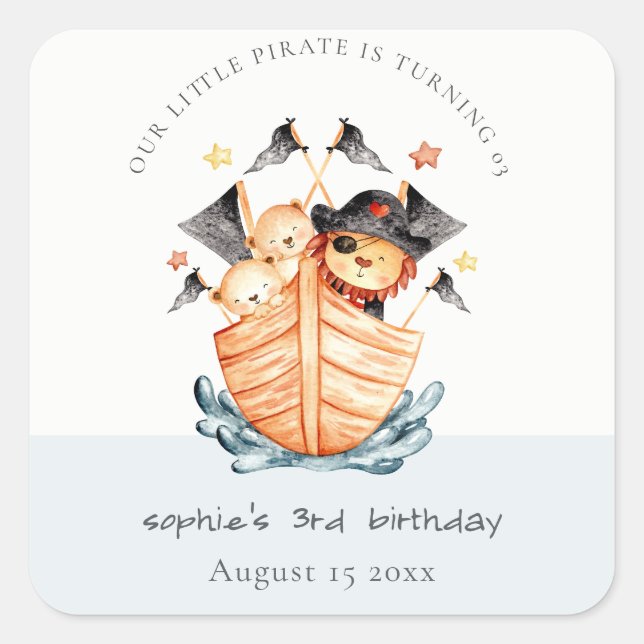 Sticker Carré Cute Nautical Pirate Ship Lion Cub Anniversaire de (Devant)