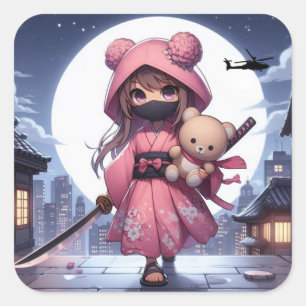 Sticker Carré Cute ninja guerrière fille & teddy