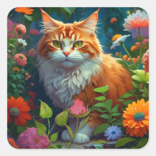 Sticker Carré Cute Orange Chat en Fleurs Garder le contact