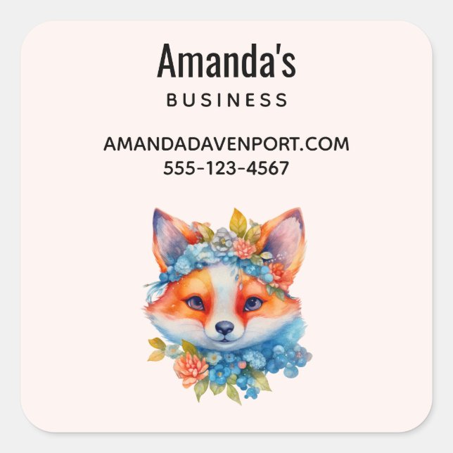 Sticker Carré Cute Orange Fox avec Floral Crown Business (Devant)