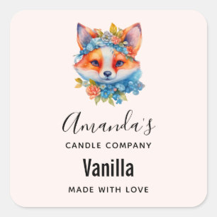 Sticker Carré Cute Orange Fox avec Floral Crown Candle Business