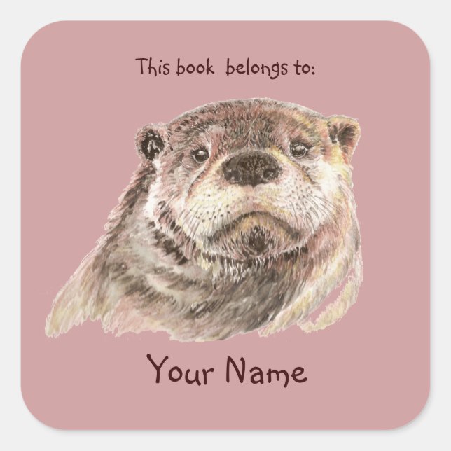 Sticker Carré Cute Otter Animal Ce livre appartient Boite (Devant)