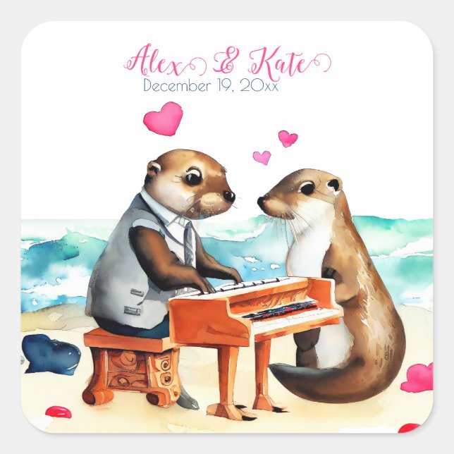 Sticker Carré Cute Otter Couple | Mariage romantique (Devant)