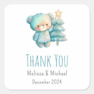 Sticker Carré Cute Ours et sapin de Noël Merci de vacances