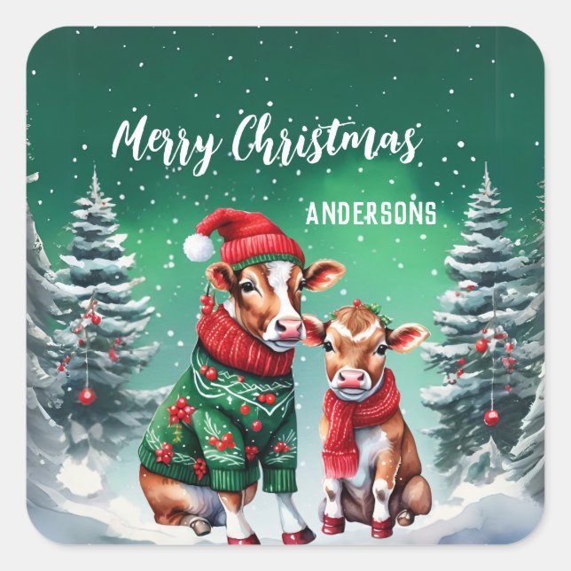 Sticker Carré Cute OX bull Vache Père Noël fête d'anniversaire N (Devant)