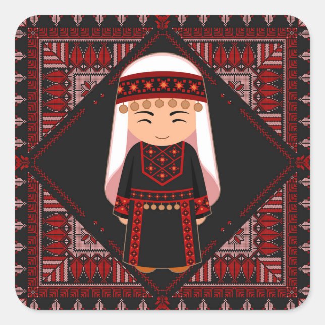 Sticker Carré cute Palestinian girl Embroidery red tatreez   (Devant)