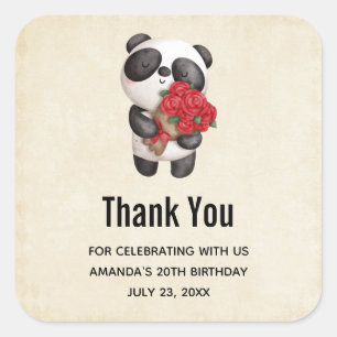 Sticker Carré Cute Panda Bear avec Rose Bouquet Anniversaire