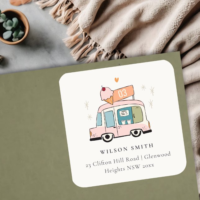 Sticker Carré Cute Pastel Sweet Time Ice Cream Adresse du camion (Créateur téléchargé)