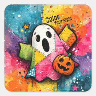 Sticker Carré Cute Patchwork Ghost Colorful Splatter Art
