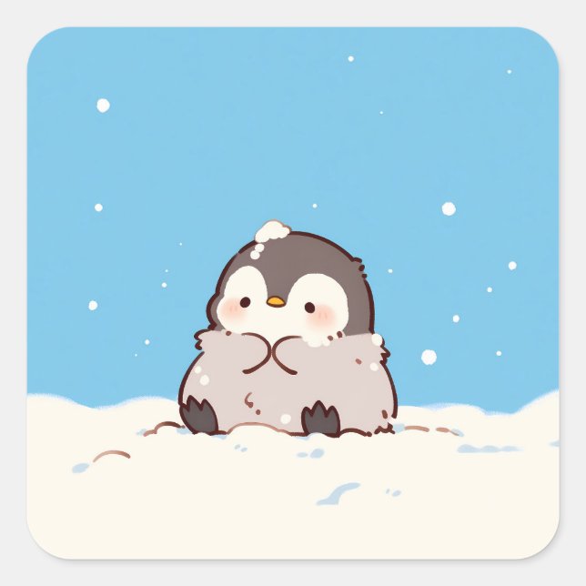 Sticker Carré Cute Penguin Chick in Winter Snow (Devant)