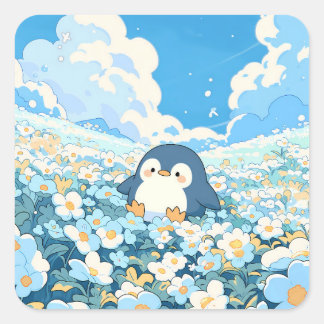 Sticker Carré Cute Penguin in Blue Wildflower Field