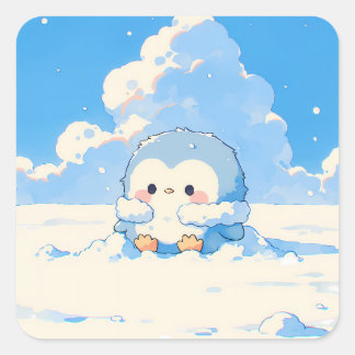 Sticker Carré Cute Penguin Playing in Winter Snow